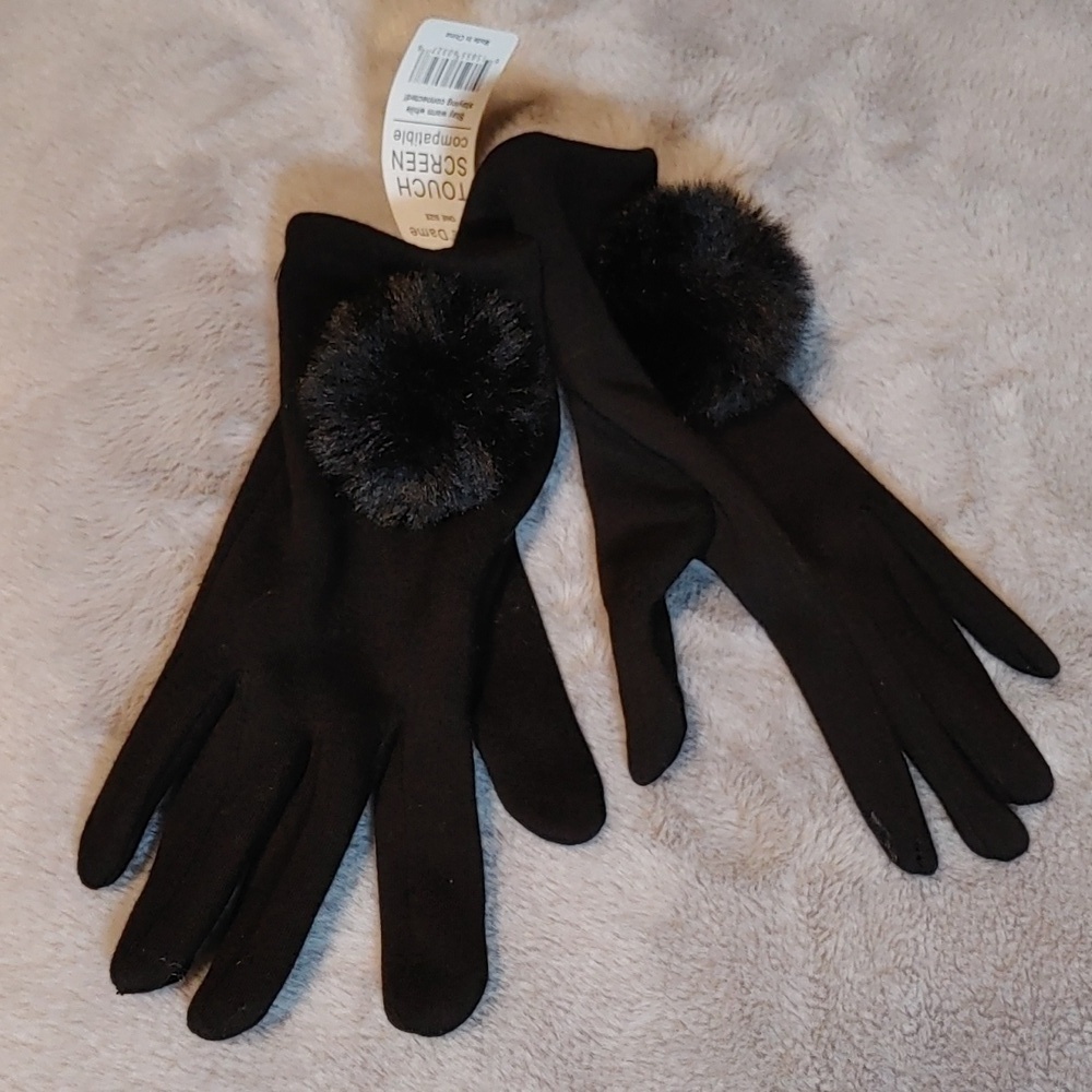 🍁NWT WOMEN'S BLACK POM POM GLOVES TOUCH SCREEN COMPATIBLE